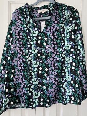 NWT LOFT Black Floral Tie-Neck Blouse